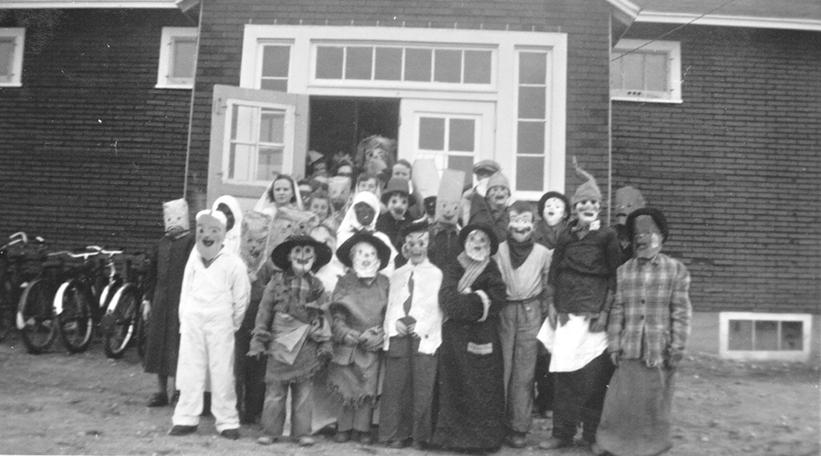 Students in Halloween costumes